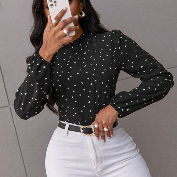 Confetti Heart Print Bishop Sleeve Frilled Neck Blouse - Picture 4 of 4